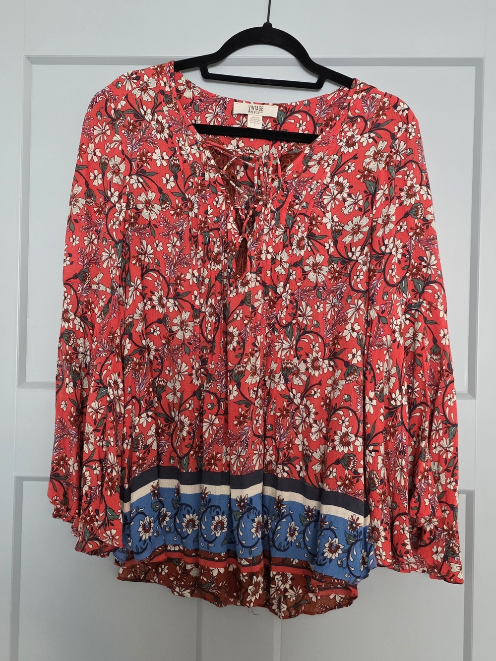Vintage America Blues Floral Lace Up Boho Peasant Top L
